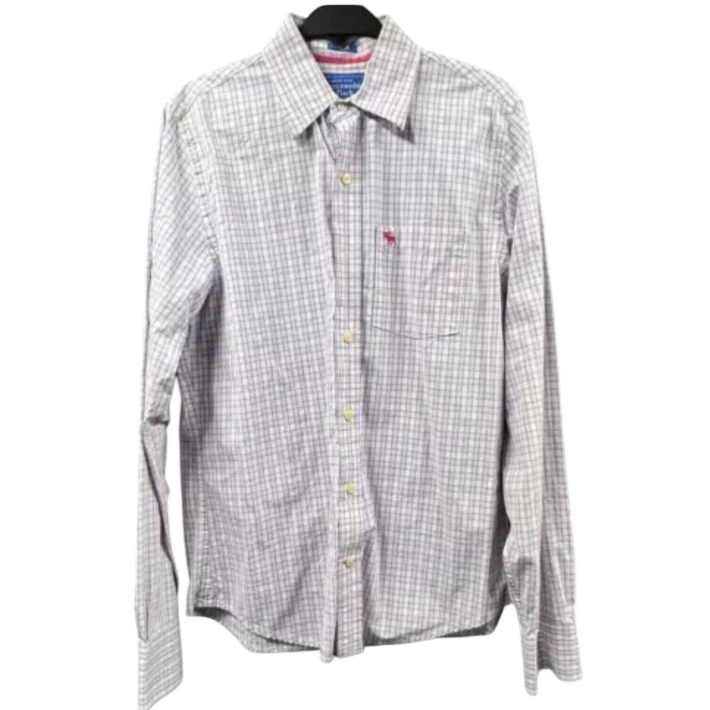 Abercrombie & Fitch Muscle Mens Shirt Large Pink Plaid Gingham Logo Cotton‎ VTG